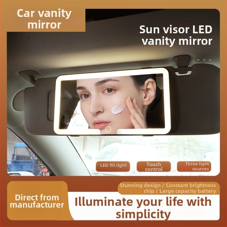 LED makiažo veidrodėlis automobiliui su apšvietimu, atsparus smūgiams, ABS rėmas, stiklinė lęšis, trijų spalvų apšvietimas