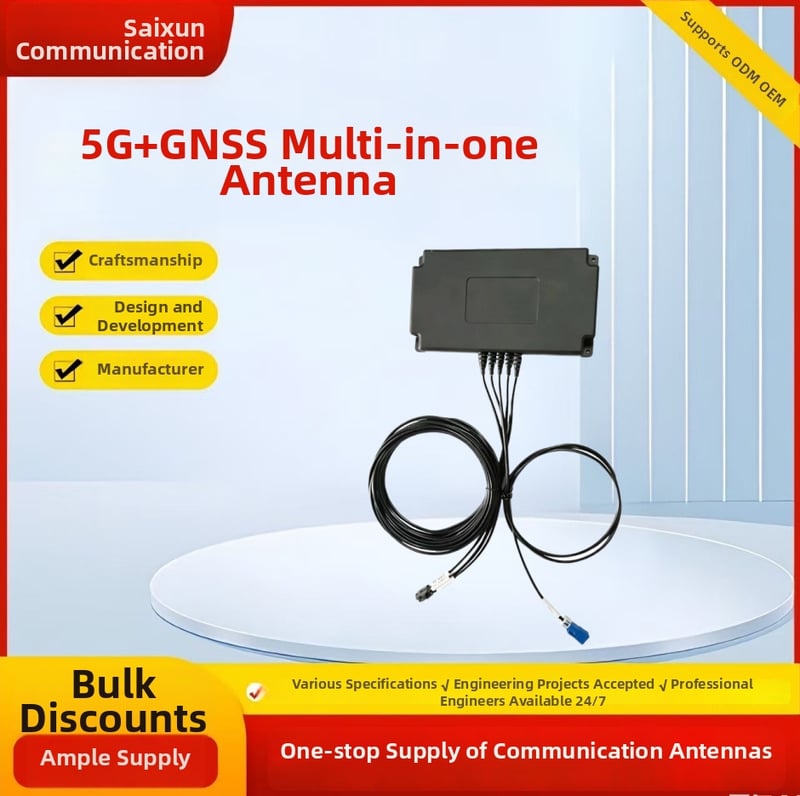 Automobilová anténa 5G GNSS, päť v jednom so signálovým boxom — Model: 5G all-in-one antenna; Zisk: 20; Rozsah frekvencií: 5G+GNSS; Výstupný impedančný: 50 Ω; Maximálny výkon: 50