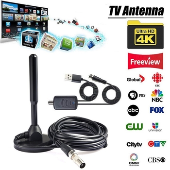 Antena TV DVB-T2 portabilă, pentru interior/vehicul, cu amplificator, câștig 5 dB, intervale de frecvență 174–240/470–862 MHz, impedanță 75 Ω, SWR ≤ 1.5