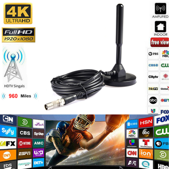 Antena TV DVB-T2 portabilă, pentru interior/vehicul, cu amplificator, câștig 5 dB, intervale de frecvență 174–240/470–862 MHz, impedanță 75 Ω, SWR ≤ 1.5