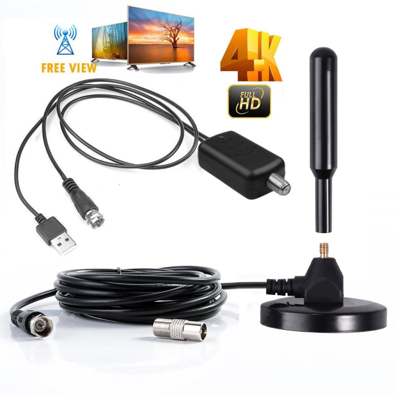Antena TV DVB-T2 portabilă, pentru interior/vehicul, cu amplificator, câștig 5 dB, intervale de frecvență 174–240/470–862 MHz, impedanță 75 Ω, SWR ≤ 1.5