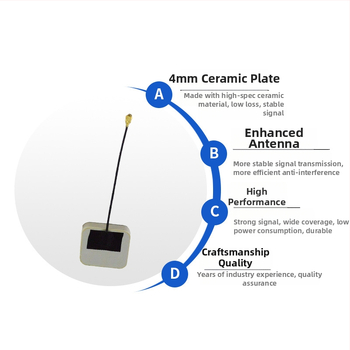 Passzív kerámia antenna WiFi 2.4 GHz és Beidou GPS-hez, IPEX csatlakozó, jármű pozícionálás, nyereség 3 dBi, tartomány 2400–2500 MHz, impedancia 50 Ω, SWR ≤ 2:1, 3–5 V