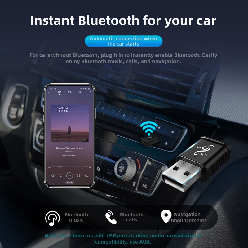 Automašīnas Bluetooth uztvērējs MSD169 USB/AUX – Plug-and-Play, Bluetooth 5.0, 3,5 mm AUX, Dubultais izvads, Hands-Free zvani