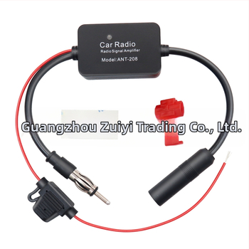 Automobiļu FM radio antenas pastiprinātājs, 18–22 dB peļņa, 88–108/170–240 MHz frekvenču diapazons, 50 Ω izvades pretestība, 12 V barošana