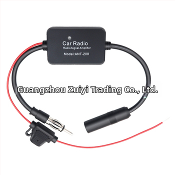 Automobiļu FM radio antenas pastiprinātājs, 18–22 dB peļņa, 88–108/170–240 MHz frekvenču diapazons, 50 Ω izvades pretestība, 12 V barošana