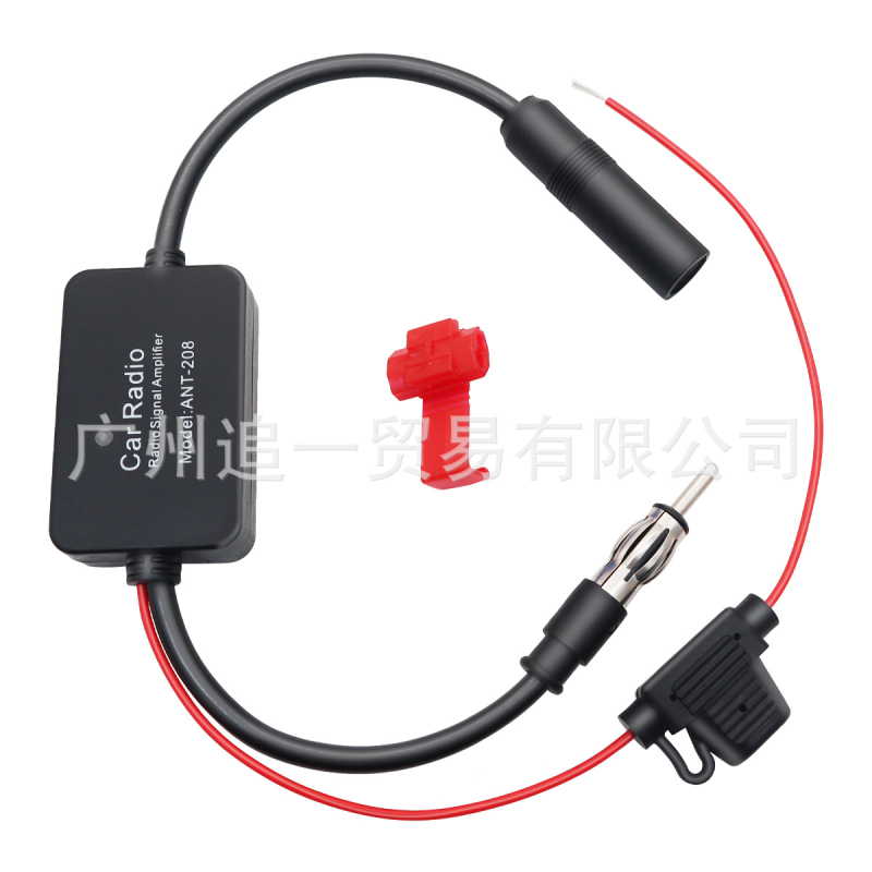 Automobiļu FM radio antenas pastiprinātājs, 18–22 dB peļņa, 88–108/170–240 MHz frekvenču diapazons, 50 Ω izvades pretestība, 12 V barošana