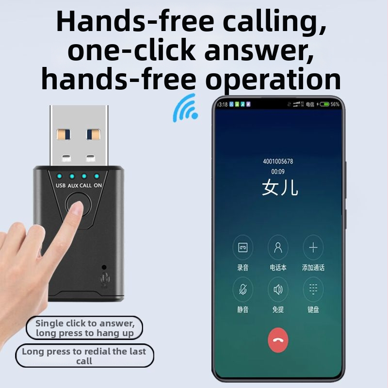 Bluetooth prijímač USB pre auto - plug-and-play Hands-free adaptér, Bluetooth 5.4, USB rozhranie, dosah 10-20 m, 100 Mbps