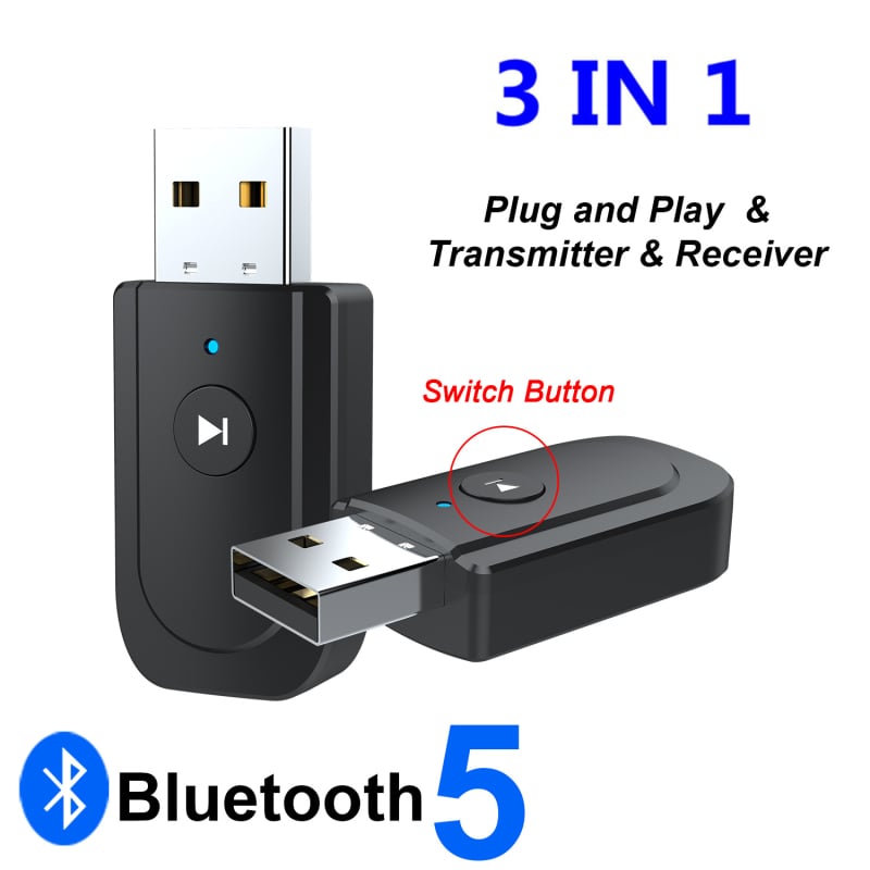 3-σε-1 USB Bluetooth μεταδότης-δέκτης, Plug & Play, διεπαφή AUX/USB, Bluetooth 5.0, 2.4 GHz, εμβέλεια 10 m