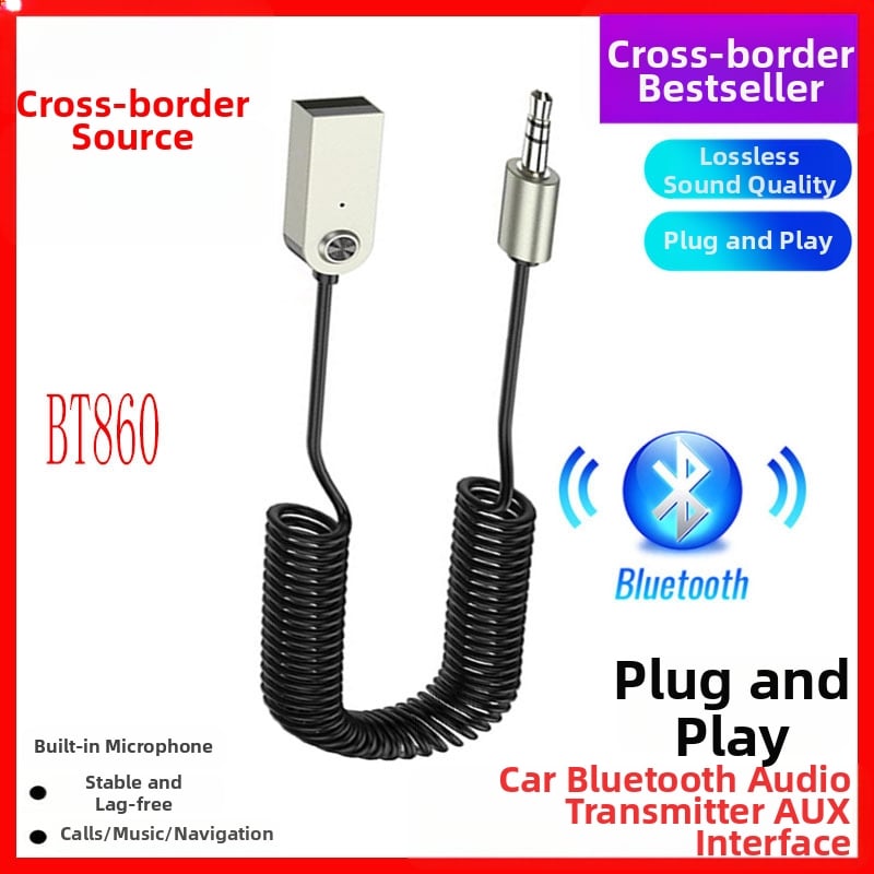Αυτοκινητικός δέκτης Bluetooth με AUX/USB, hands-free κλήσεις, Bluetooth 5.0, Plug‑and‑Play, χωρίς εξωτερική παροχή ρεύματος, εμβέλεια έως 10 μ