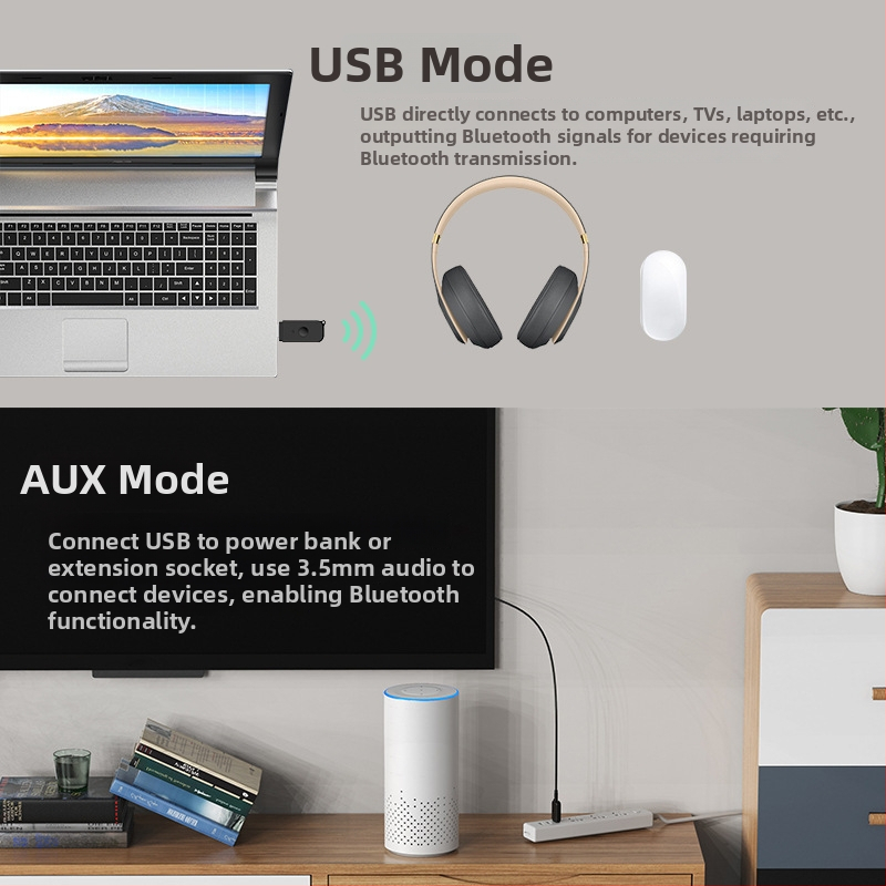 Bluetooth 5.3 δύο-σε-ένα μετατροπέας ήχου με USB και 3.5 mm AUX, Plug-and-Play, εμβέλεια 10 μ, εξωτερική τροφοδοσία