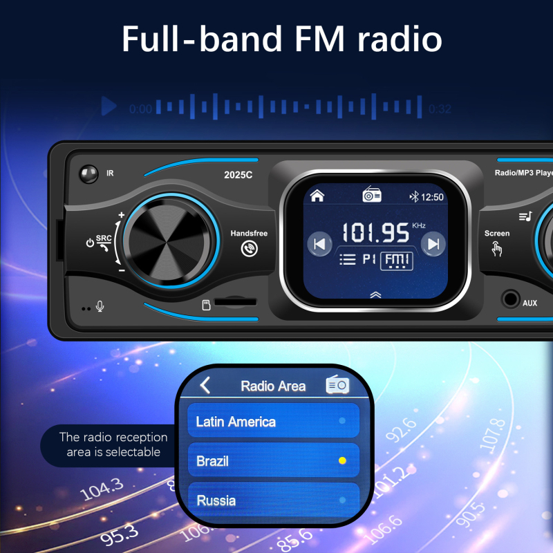 Gépjármű MP3 lejátszó USB-vel és FM rádióval, 2025C modell, 12V tápegység