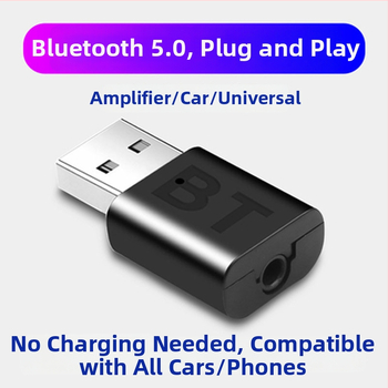 USB-s Bluetooth-vevő autóhoz, 3,5 mm-es duálkimenet, Hands-Free, 5.0, Plug-and-Play, külső tápellátás nélkül