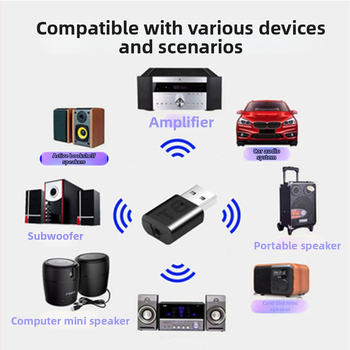 USB-s Bluetooth-vevő autóhoz, 3,5 mm-es duálkimenet, Hands-Free, 5.0, Plug-and-Play, külső tápellátás nélkül