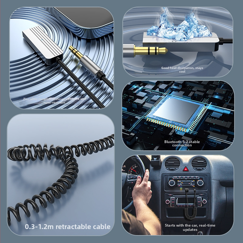 Autóba illeszthető Bluetooth vevő USB-val és 3,5 mm AUX bemenettel, Bluetooth 5.2, Plug-and-Play, modell M08