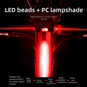 Dviračio galinės lempos su Micro-USB įkrovimu, COB LED, greitas diržinis montavimas, atsparus vandeniui, 200 mAh baterija, naktiniam važiavimui