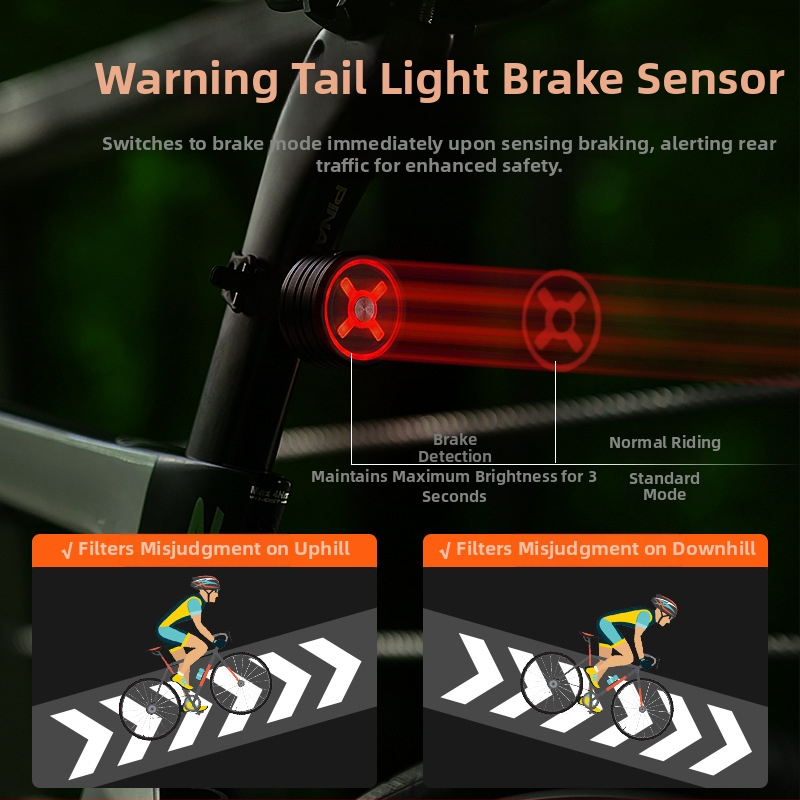 ACRUNU Dviračio galinis žibintas iš aliuminio lydinio su išmaniu stabdžio jutikliu — kalnų ir kelių dviračiams, naktiniam važiavimui, 45 g, 12–60 val.