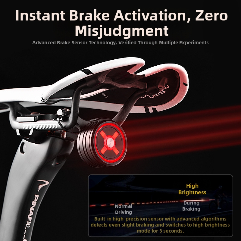 ACRUNU Dviračio galinis žibintas iš aliuminio lydinio su išmaniu stabdžio jutikliu — kalnų ir kelių dviračiams, naktiniam važiavimui, 45 g, 12–60 val.