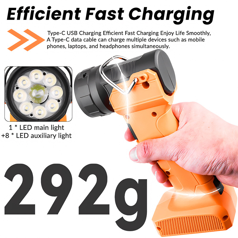 LED radna svjetiljka, 5W, punjiva s integriranom baterijom 2x2000mAh 18650, uključen punjač, LED izvor, domet 50–100 m