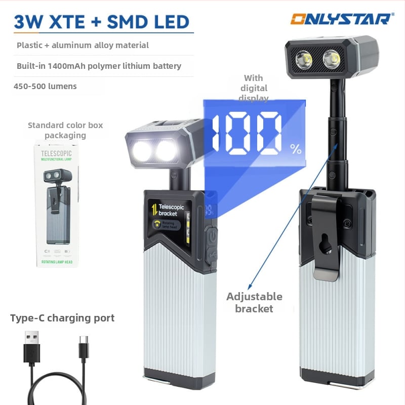 Teleszkópos, forgó mágneses munkalámpa — kézzel hajtott, újratölthető LED zseblámpa, 360° forgás, 3W, 1400mAh