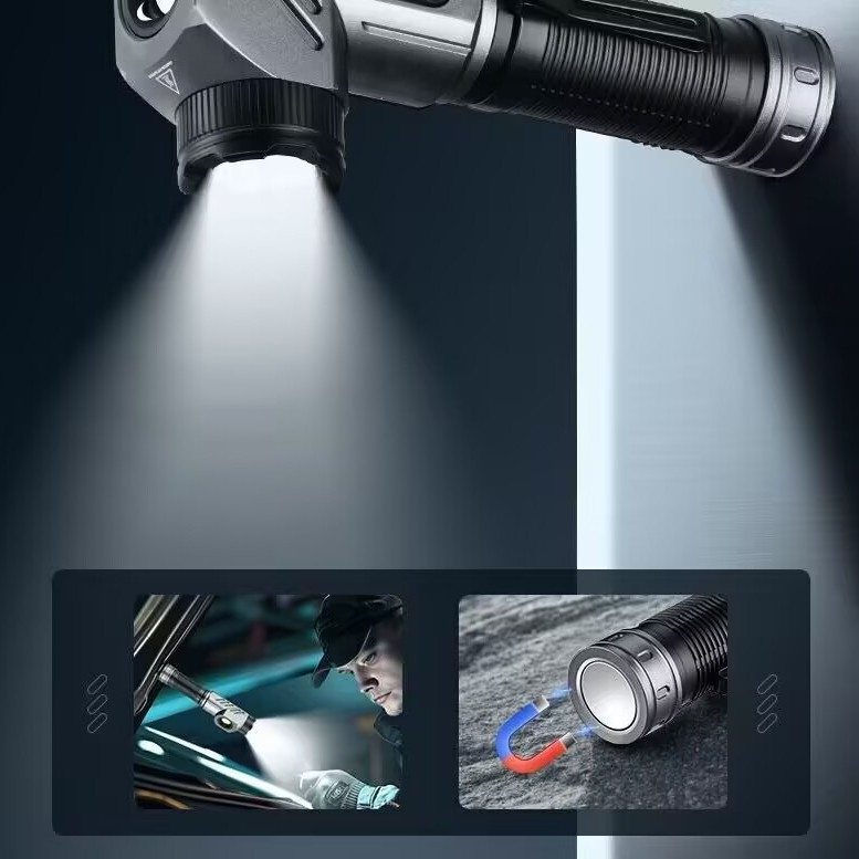 Lanternă LED multifuncțională, corp din aliaj de aluminiu, baterie 21700, reîncărcabilă, rază 100–200 m