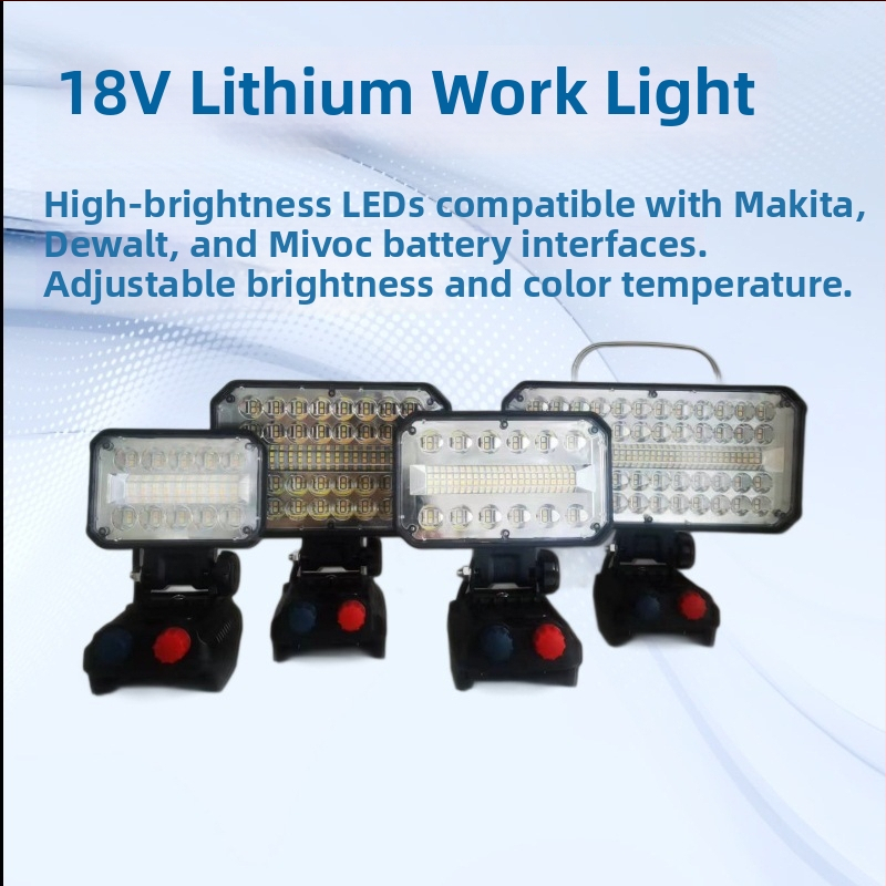 18V LED darba gaisma instrumentiem, dimmable, krāsu temperatūras regulēšana, 40W, saderīgs ar Makita un DeWalt saskarnēm, 120° starojums