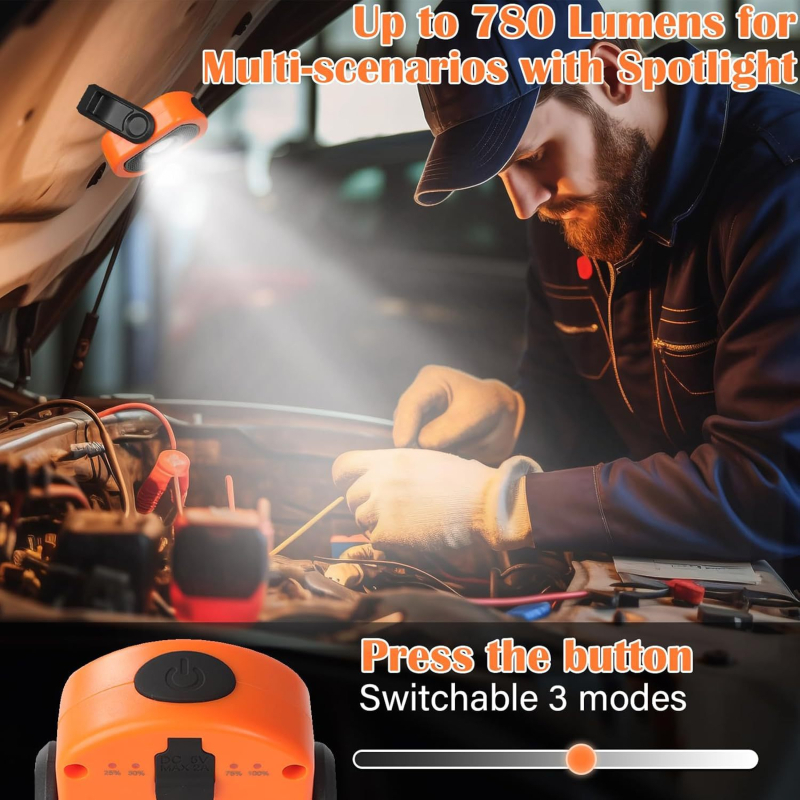 Lampa de lucru LED magnetică portabilă, reîncărcabilă — 7W, 780 lm, IP65, 3.7V, unghi de fascicul 180°