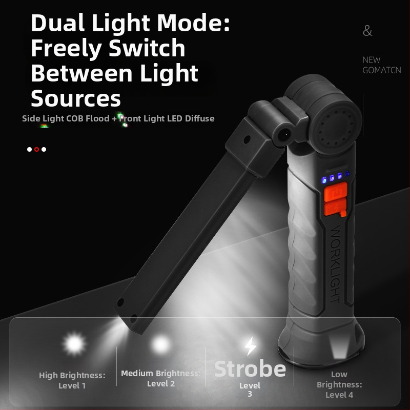 Daudzfunkcionāla saliekamā darba lampa ar 360° rotāciju, SMD gaisma, regulējams spilgtums, aizmugurējais magnētiskais stiprinājums