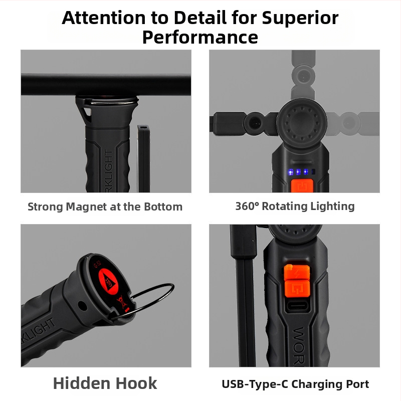 Daudzfunkcionāla saliekamā darba lampa ar 360° rotāciju, SMD gaisma, regulējams spilgtums, aizmugurējais magnētiskais stiprinājums