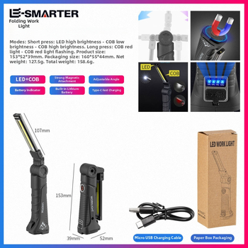 Nešiojama lauko darbojo lempa su keliais šviesos šaltiniais, įkraunama, LED+COB, 18650 baterija, ilgas veikimo laikas, tinka remontui ir patikroms