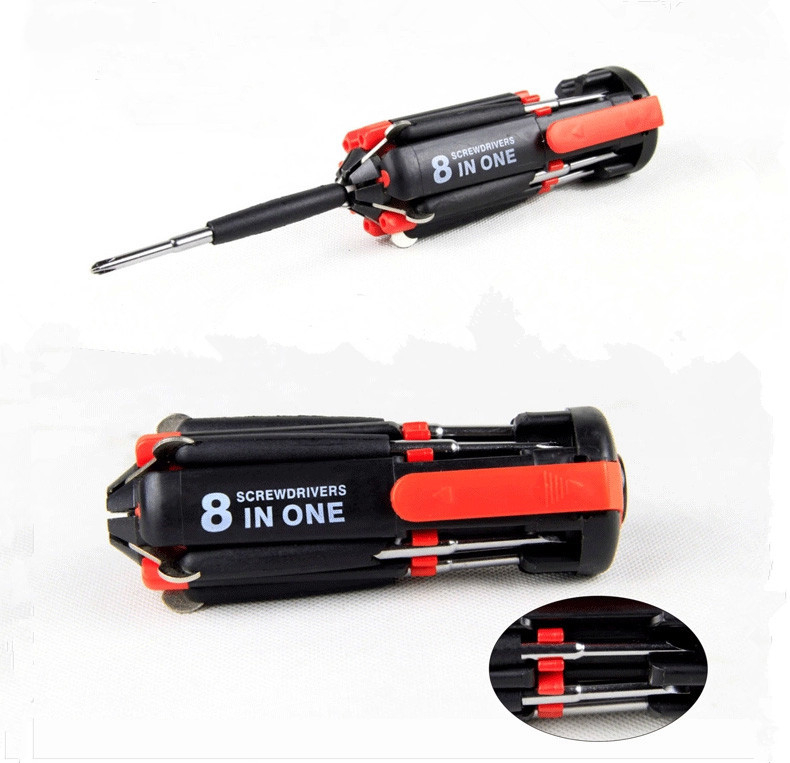 Opt în unu: unealtă auto multifuncțională cu lampă de inspecție, șurubelniță și lanternă — corp din aliaj de aluminiu, LED, alimentare manuală, rază până la 100 m