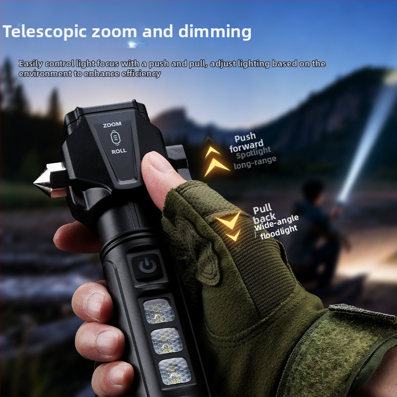 Cb-x90 10W LED zseblámpa autós vészkalapáccsal, munkalámpával és zoom funkcióval hosszú hatótávolságú fénnyel (IPX4, 800 lm, 18650)