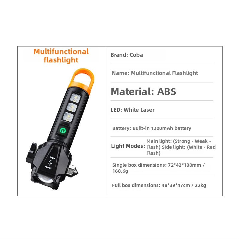 Cb-x90 10W LED zseblámpa autós vészkalapáccsal, munkalámpával és zoom funkcióval hosszú hatótávolságú fénnyel (IPX4, 800 lm, 18650)