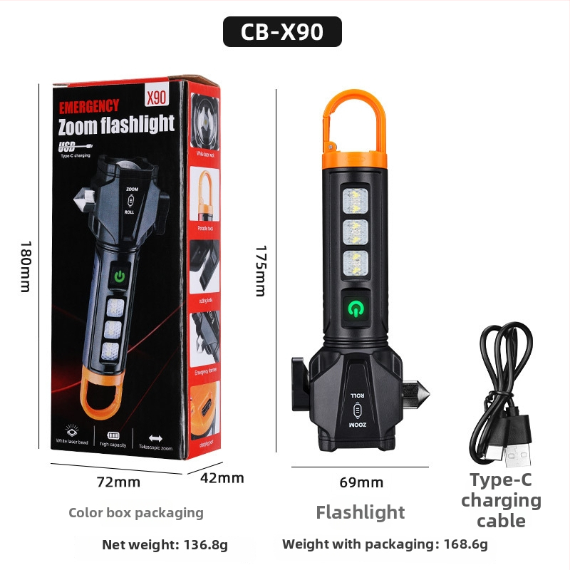 Cb-x90 10W LED zseblámpa autós vészkalapáccsal, munkalámpával és zoom funkcióval hosszú hatótávolságú fénnyel (IPX4, 800 lm, 18650)