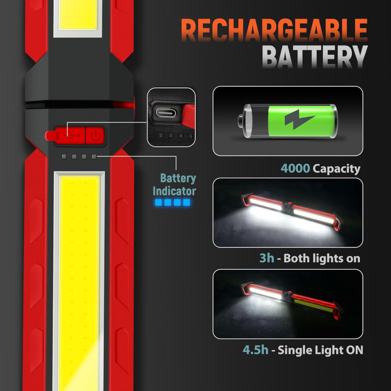 Uzlādei piemērota rokas darba gaismas lampa automašīnas apkopei, COB LED, 3,7 V, 2000 lm, IP55, 360° starojums