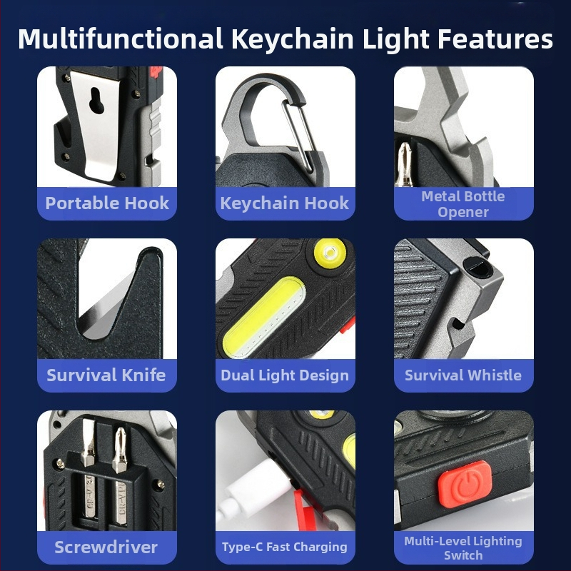 Daudzfunkcionāla uzlādes avārijas lampa ar atslēgas piekariņu, COB LED, 400 lm, 5 V, kalpošanas ilgums 50 000 h, 120° starojuma leņķis