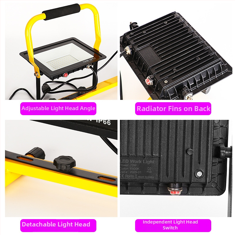LED prožektors ārējai apgaismošanai ar staba stiprinājumu, pārnēsājama darba gaisma kempingam un remontam, 50W, 10000 lm, 85-265V, IP65, staru leņķis 120°