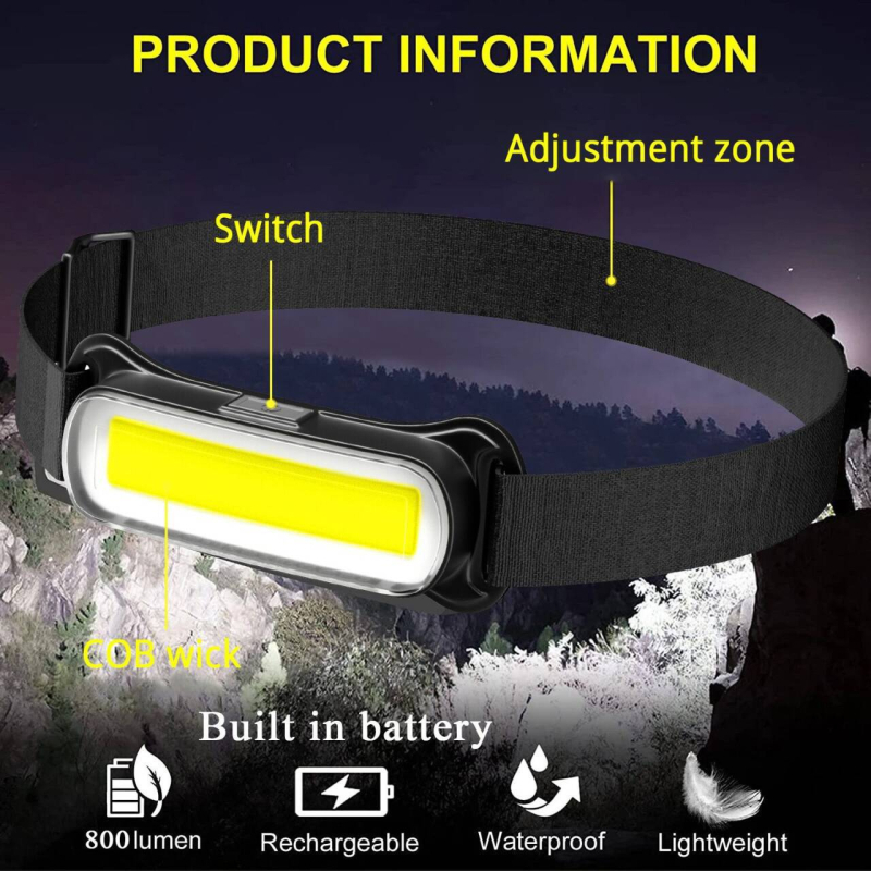 Čelna lampa s COB LED, USB punjiva, ultra tanka i lagana, višenamjenski mini reflektor; baterija 600 mAh, domet do 200 m