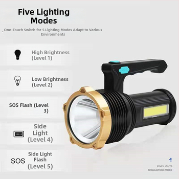 DT-015 USB-töltésű LED hordozható zseblámpa, vízálló kültéri munka lámpa, hosszú hatótávolság és kettős fényforrás oldalvilágítással