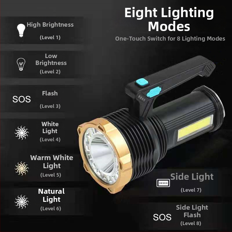 DT-015 USB-töltésű LED hordozható zseblámpa, vízálló kültéri munka lámpa, hosszú hatótávolság és kettős fényforrás oldalvilágítással