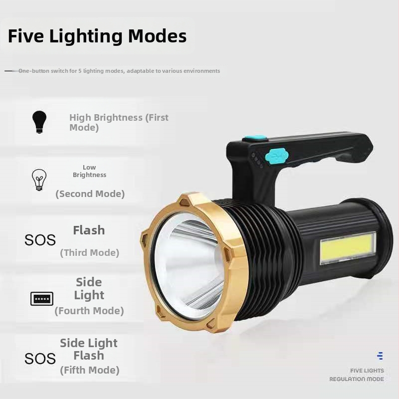 DT-015 USB-töltésű LED hordozható zseblámpa, vízálló kültéri munka lámpa, hosszú hatótávolság és kettős fényforrás oldalvilágítással