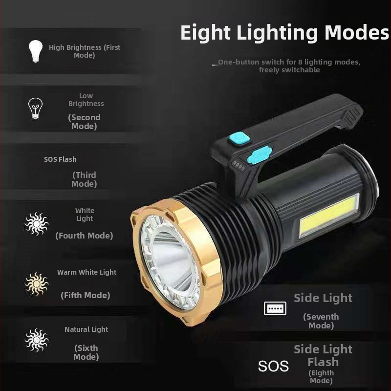 DT-015 USB-töltésű LED hordozható zseblámpa, vízálló kültéri munka lámpa, hosszú hatótávolság és kettős fényforrás oldalvilágítással