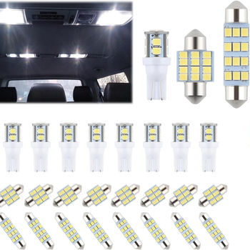 Autó LED belső világítási készlet, 24 db, T10 alap, 12V, 5W, LED, élettartam 50 000 óra, olvasólámpa, rendszám- és ajtó világítás