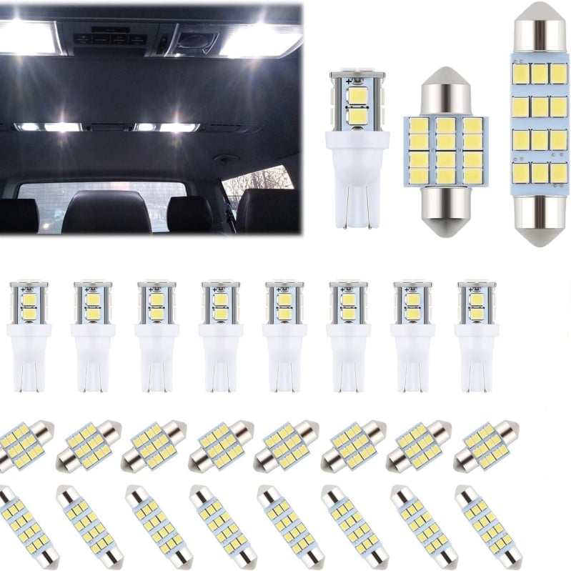 Autó LED belső világítási készlet, 24 db, T10 alap, 12V, 5W, LED, élettartam 50 000 óra, olvasólámpa, rendszám- és ajtó világítás