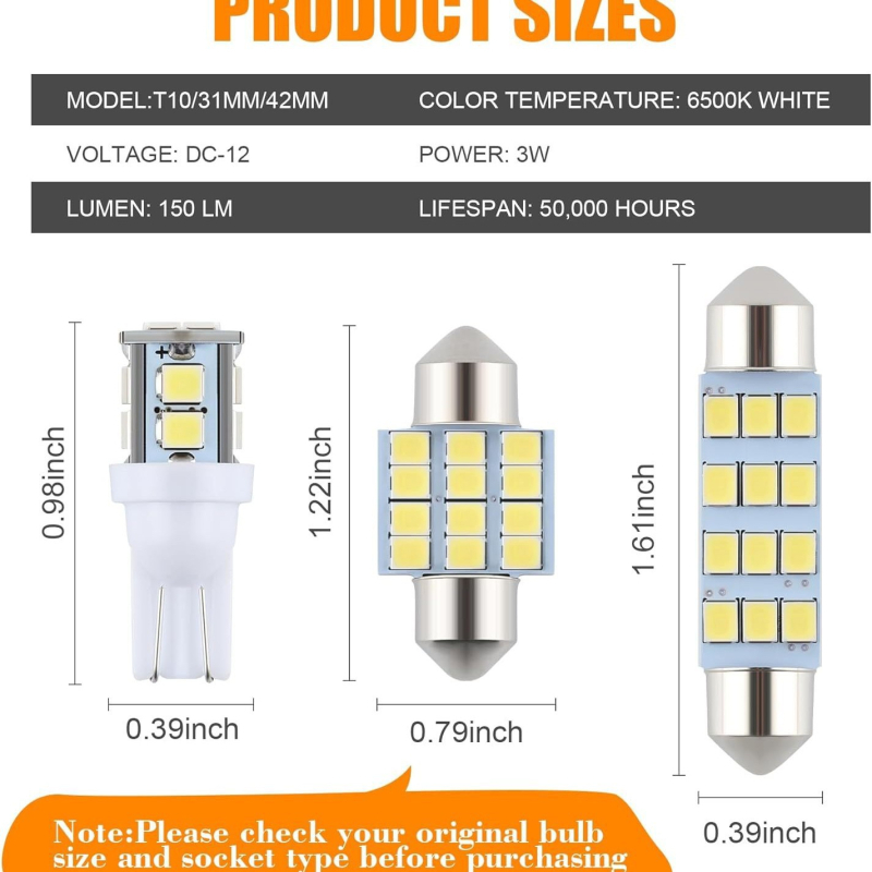 Autó LED belső világítási készlet, 24 db, T10 alap, 12V, 5W, LED, élettartam 50 000 óra, olvasólámpa, rendszám- és ajtó világítás