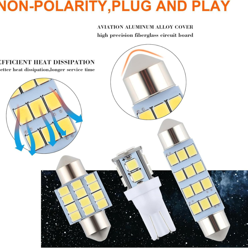 Autó LED belső világítási készlet, 24 db, T10 alap, 12V, 5W, LED, élettartam 50 000 óra, olvasólámpa, rendszám- és ajtó világítás