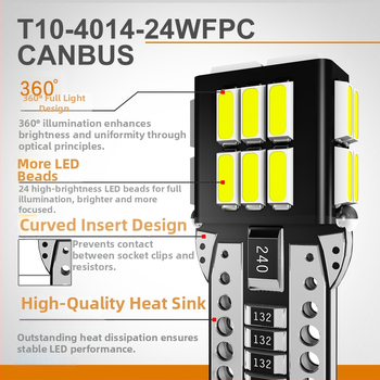 T10 LED automobilių šviesa su 4014 SMD, 12V DC, 2.4W, Canbus, Plotis/Skaitymas/Registracijos numerio apšvietimas