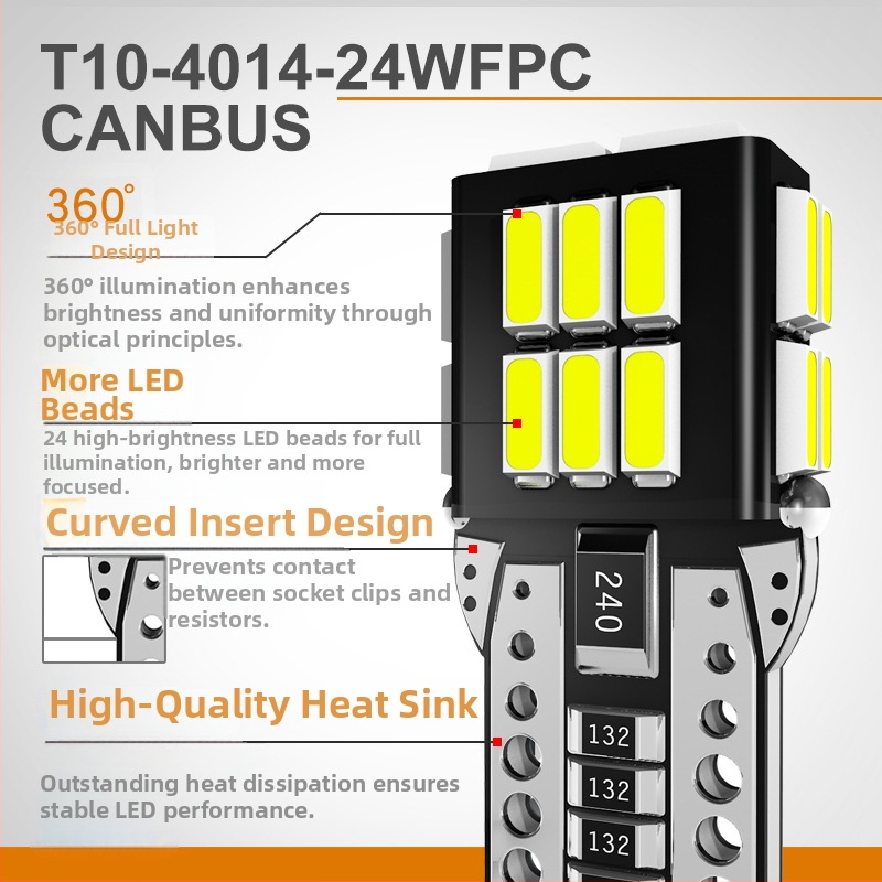 T10 LED automobilių šviesa su 4014 SMD, 12V DC, 2.4W, Canbus, Plotis/Skaitymas/Registracijos numerio apšvietimas