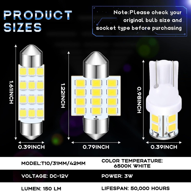 Autó LED belső világítási készlet, 24 db, T10, 12V, 3W, 5050 LED, 6000K, élettartam 50 000 óra