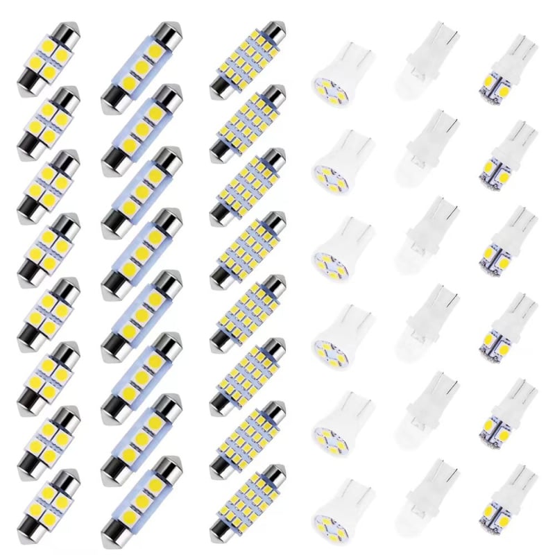 Autó LED készlet 42 darab: T10 pozíciós lámpák, dupla csúcs olvasólámpa, rendszámtábla lámpa és belső ajtó lámpák, 12V, 5W, élettartam 50000 h, 6500K