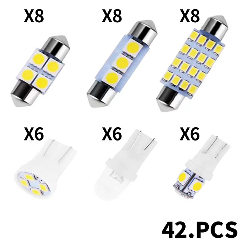 Autó LED készlet 42 darab: T10 pozíciós lámpák, dupla csúcs olvasólámpa, rendszámtábla lámpa és belső ajtó lámpák, 12V, 5W, élettartam 50000 h, 6500K